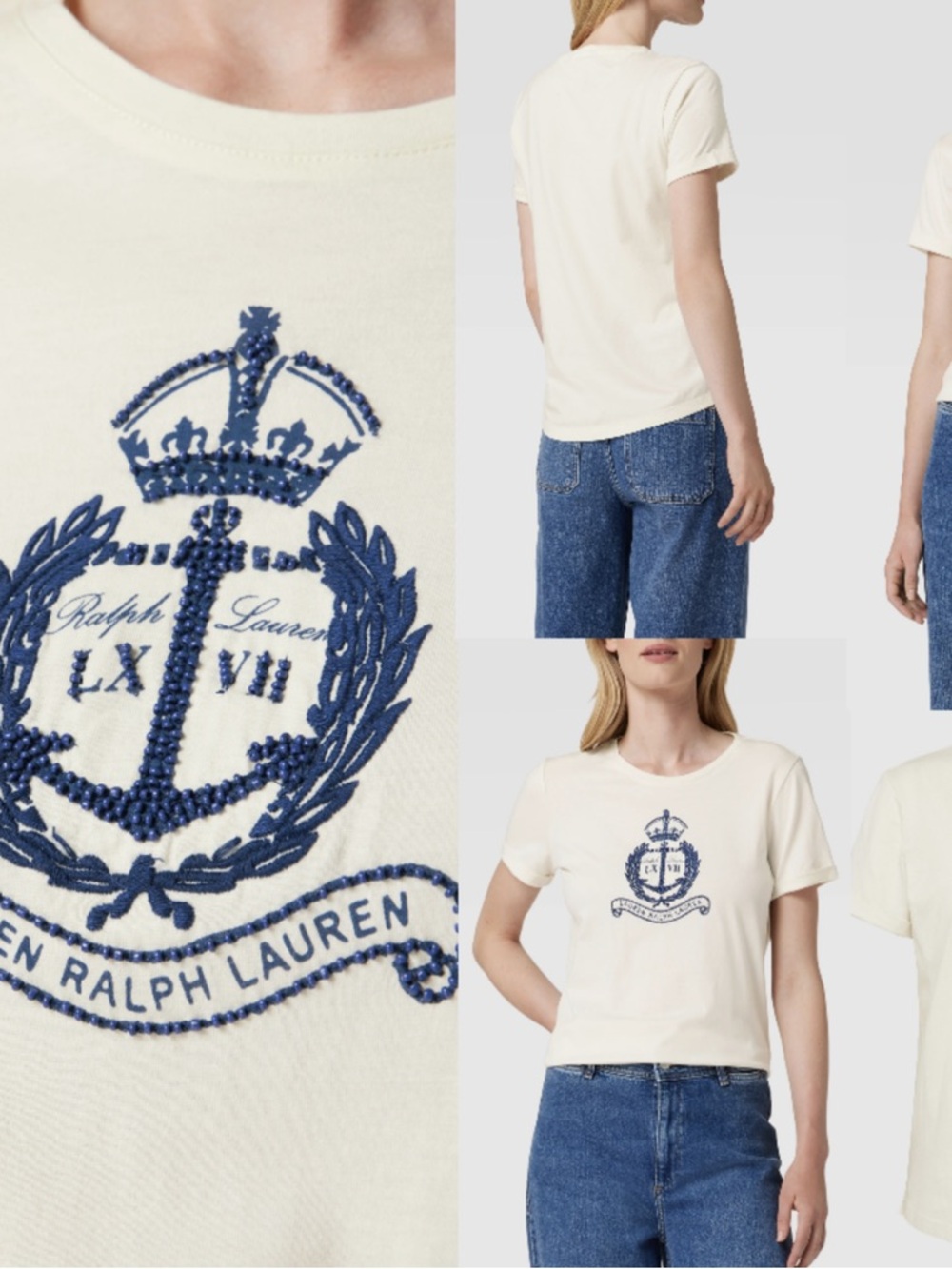 Lauren Ralph Lauren Cream Tee with Navy Beaded Crest